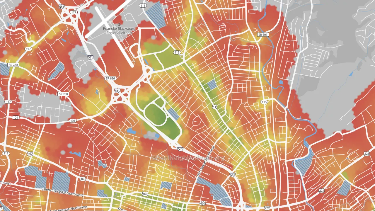 Walk Grade map of Roundhill, Roanoke, VA, walkable areas in green and car-dependent areas in red