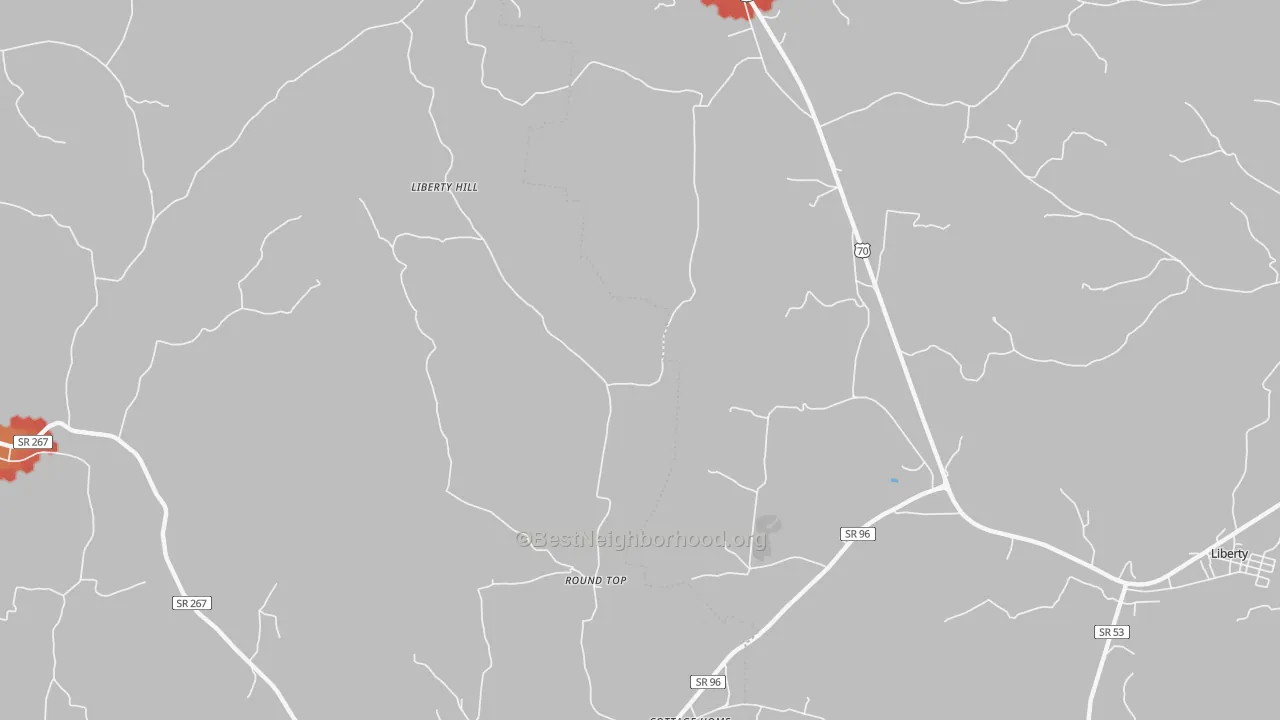 Walk Grade map of Roundtop, TN, walkable areas in green and car-dependent areas in red