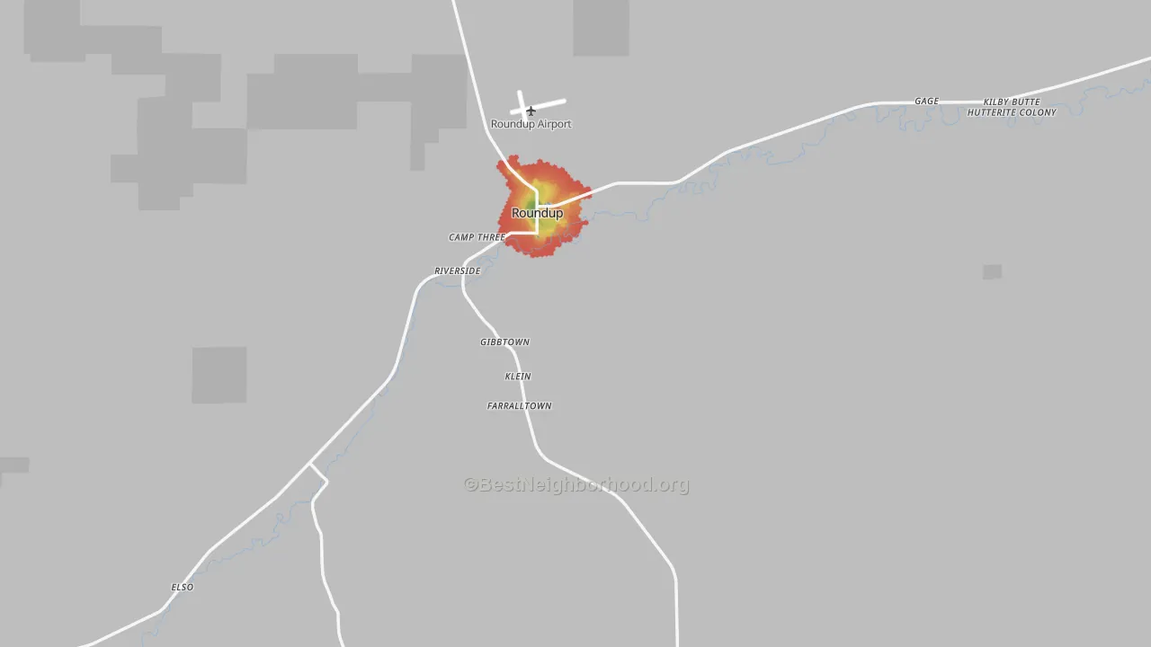 Walk Grade map of Roundup, MT, walkable areas in green and car-dependent areas in red
