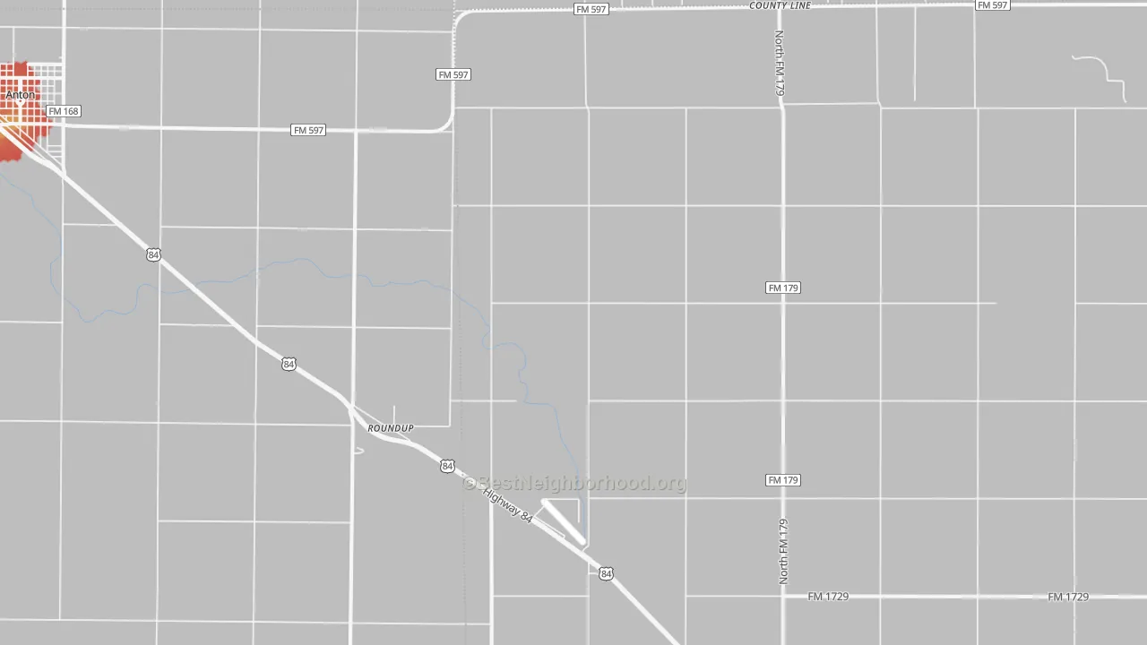 Walk Grade map of Roundup, TX, walkable areas in green and car-dependent areas in red
