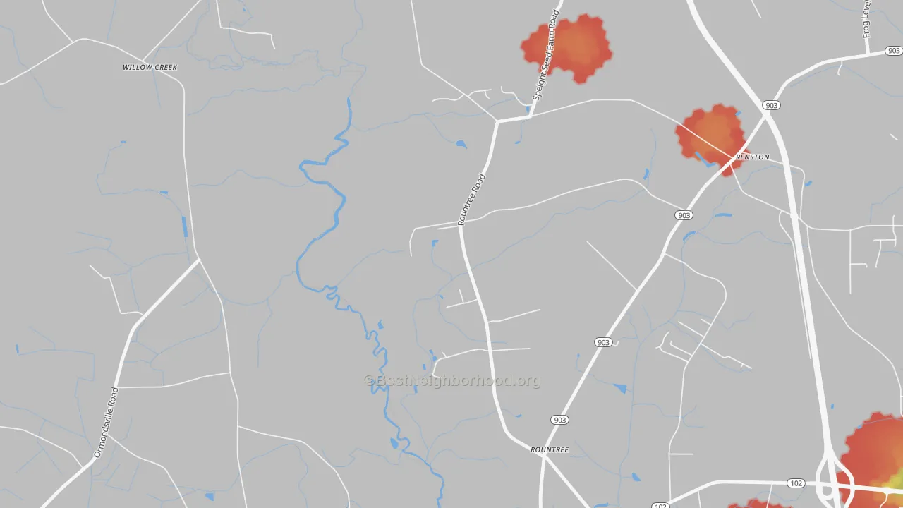 Walk Grade map of Rountree, NC, walkable areas in green and car-dependent areas in red