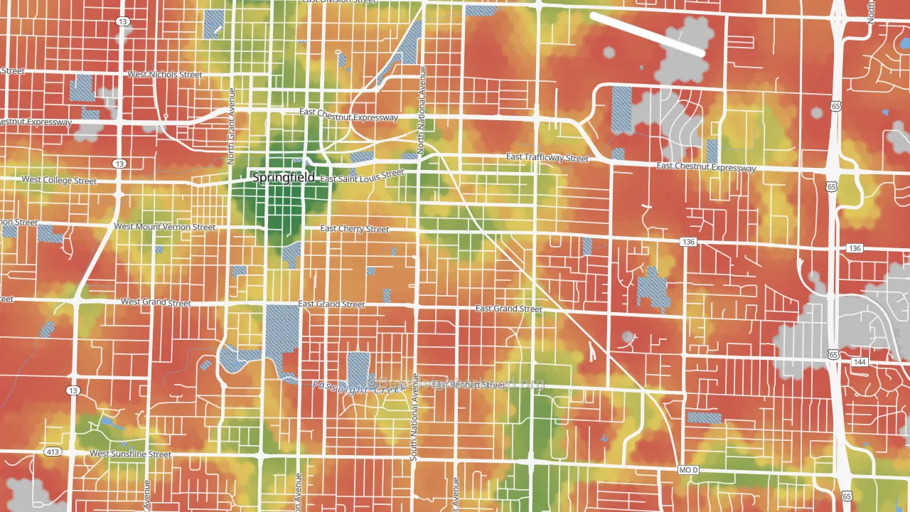 Walk Grade map of Rountree, Springfield, MO, walkable areas in green and car-dependent areas in red