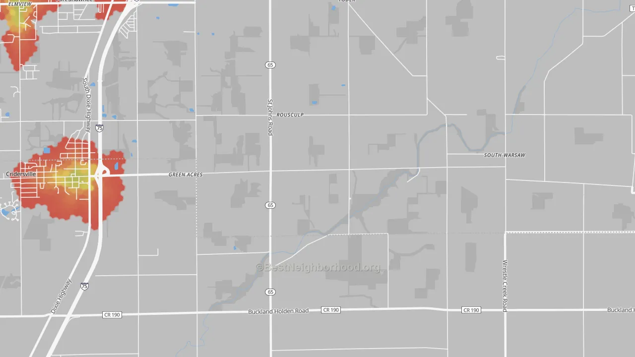 Walk Grade map of Rousculp, OH, walkable areas in green and car-dependent areas in red