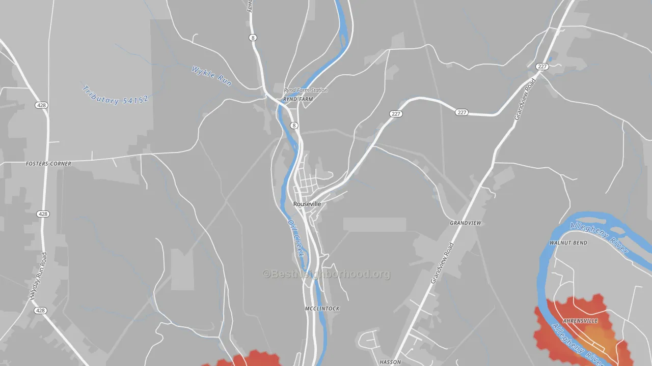 Walk Grade map of Rouseville, PA, walkable areas in green and car-dependent areas in red