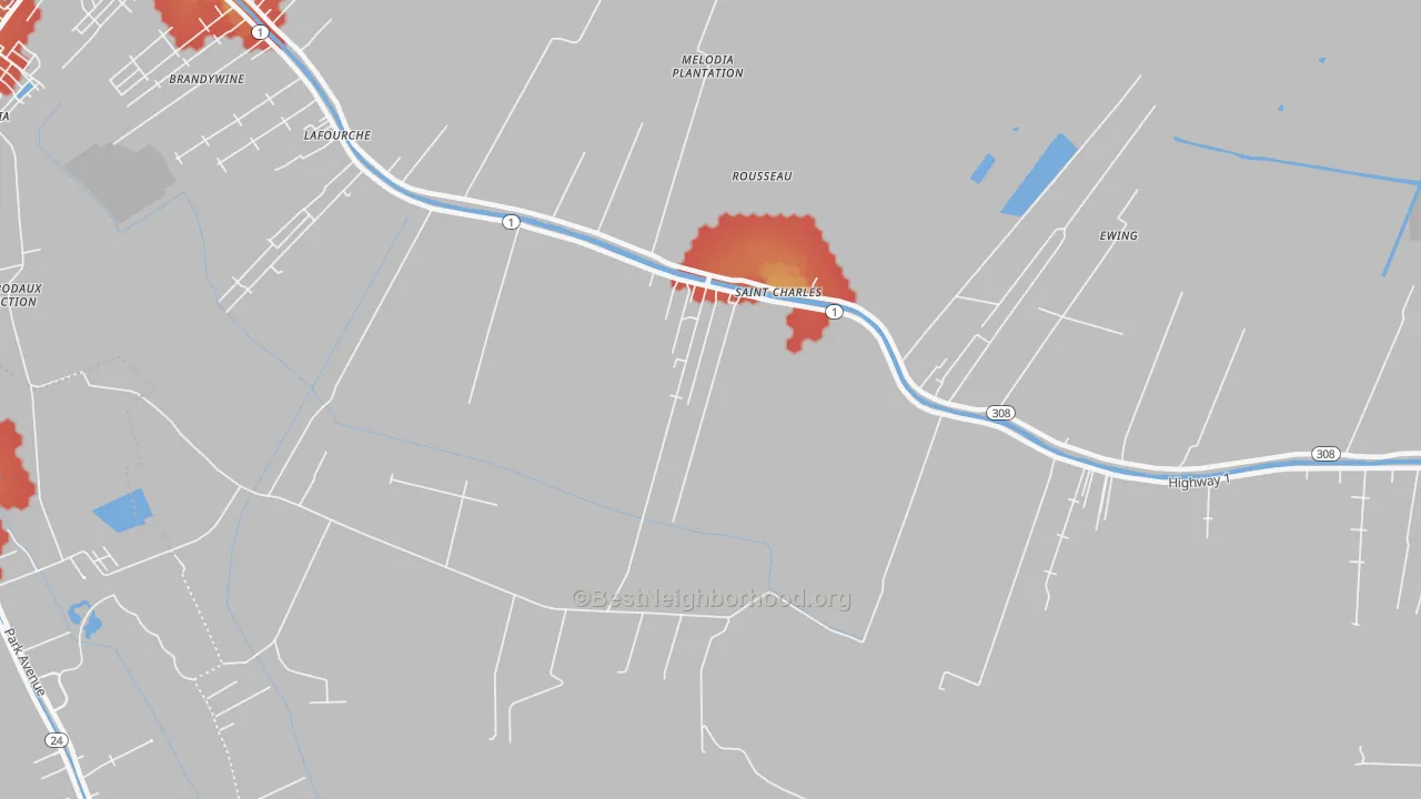 Walk Grade map of Rousseau, LA, walkable areas in green and car-dependent areas in red