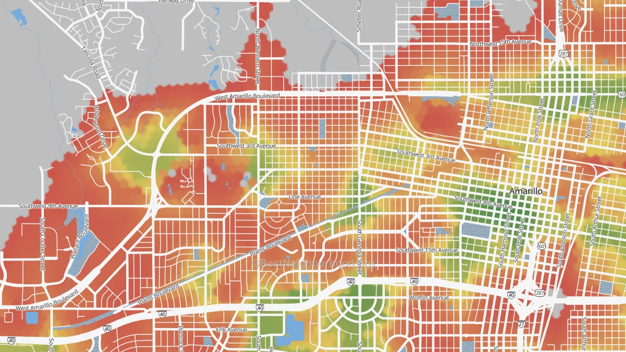 Walk Grade map of Route 66 Historic District, Amarillo, TX, walkable areas in green and car-dependent areas in red