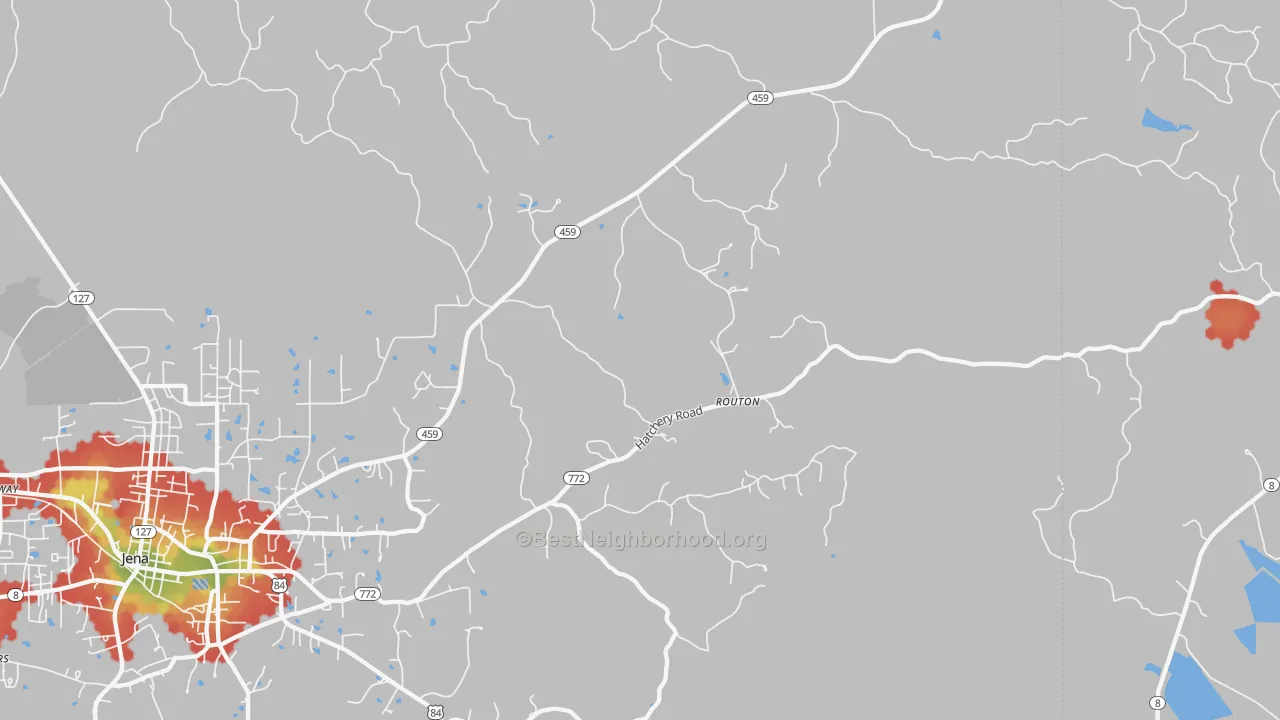 Walk Grade map of Routon, LA, walkable areas in green and car-dependent areas in red