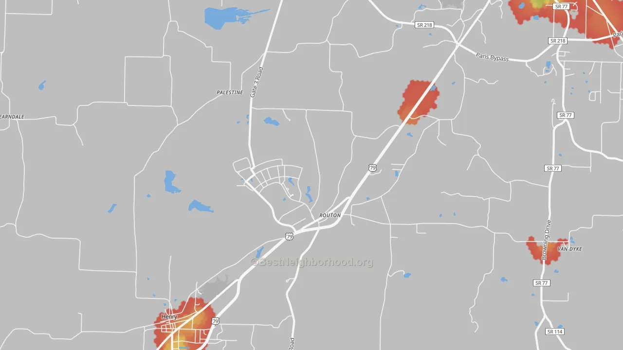 Walk Grade map of Routon, TN, walkable areas in green and car-dependent areas in red