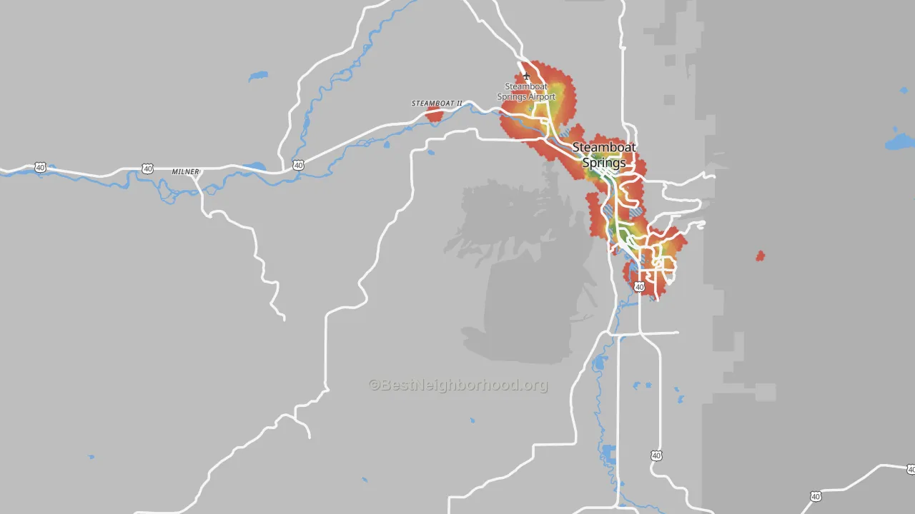 Walk Grade map of Routt County, CO, walkable areas in green and car-dependent areas in red