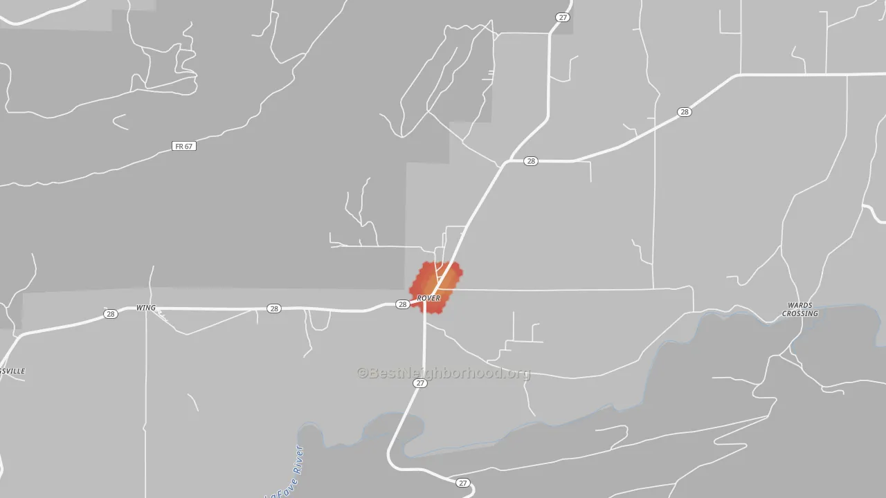 Walk Grade map of Rover, AR, walkable areas in green and car-dependent areas in red