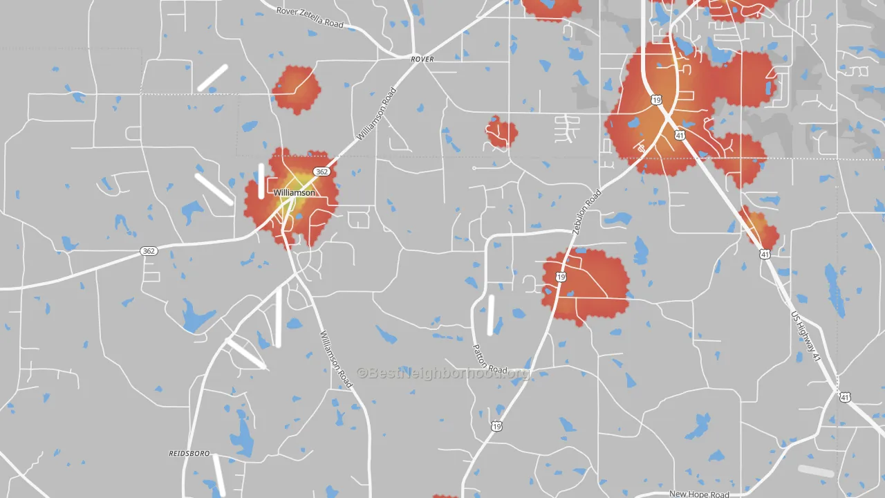 Walk Grade map of Rover, GA, walkable areas in green and car-dependent areas in red