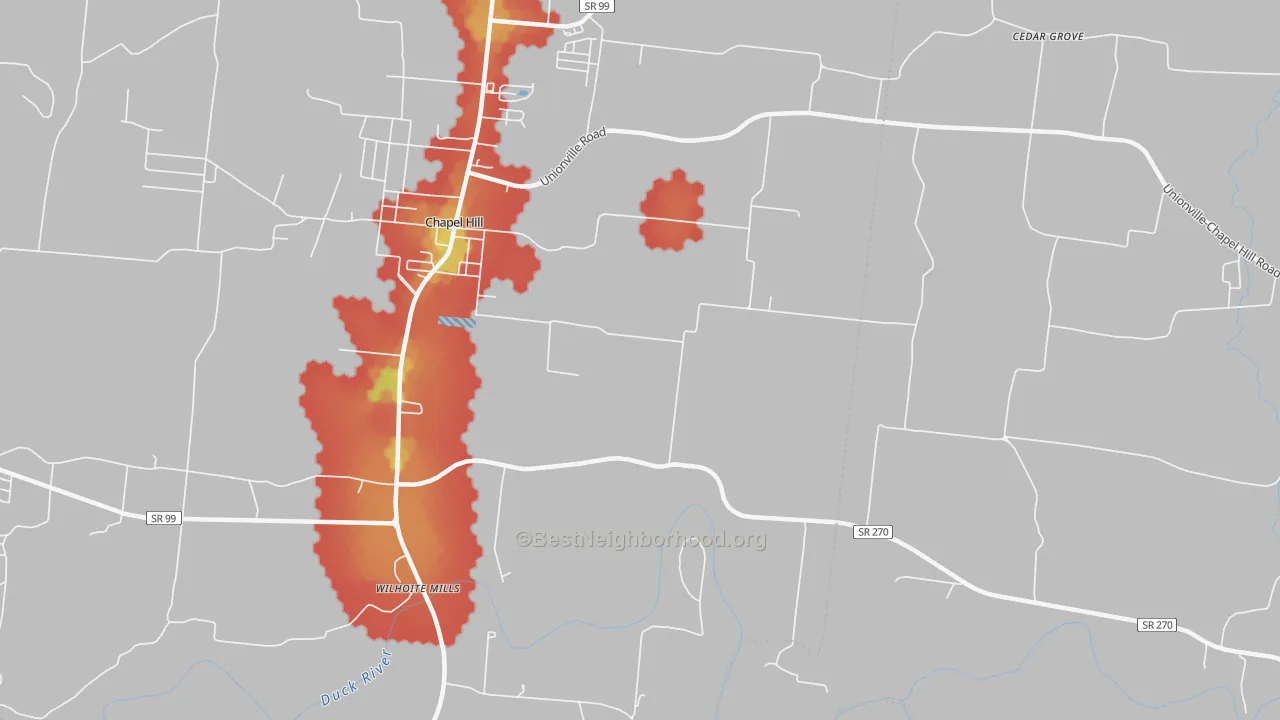 Walk Grade map of Rover, TN, walkable areas in green and car-dependent areas in red