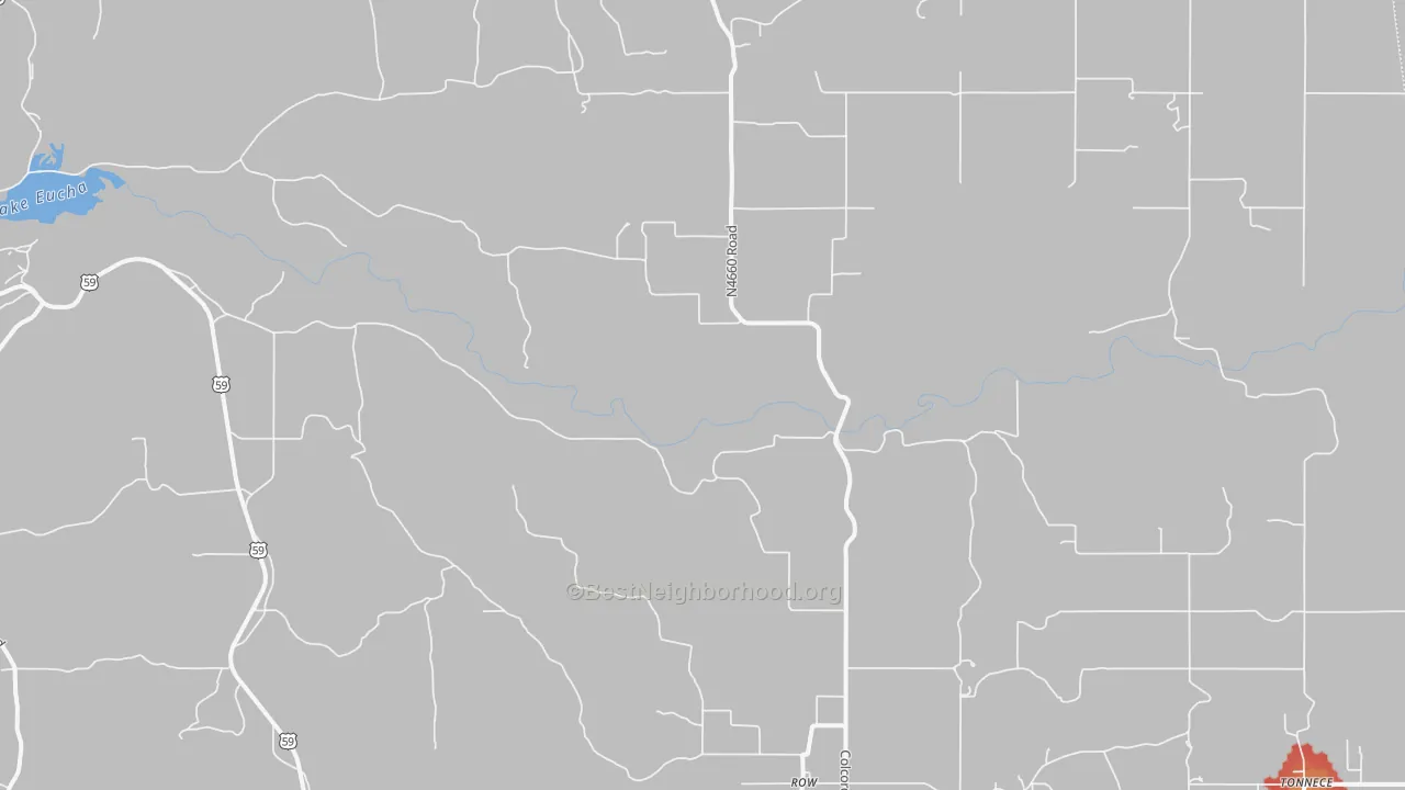 Walk Grade map of Row, OK, walkable areas in green and car-dependent areas in red