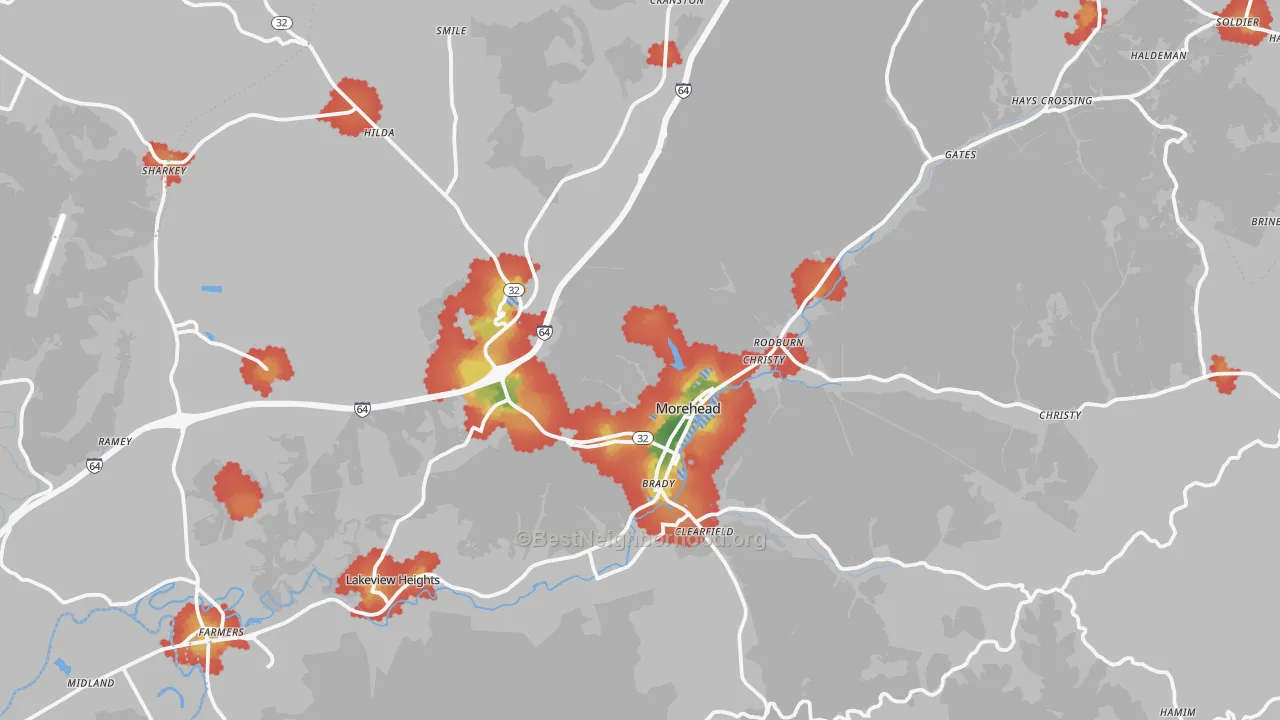 Walk Grade map of Rowan County, KY, walkable areas in green and car-dependent areas in red
