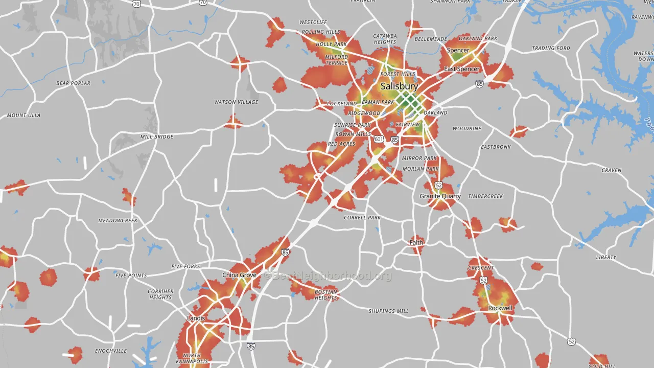 Walk Grade map of Rowan County, NC, walkable areas in green and car-dependent areas in red