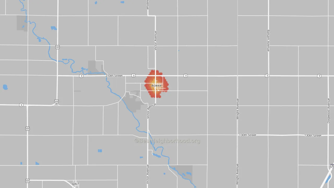 Walk Grade map of Rowan, IA, walkable areas in green and car-dependent areas in red