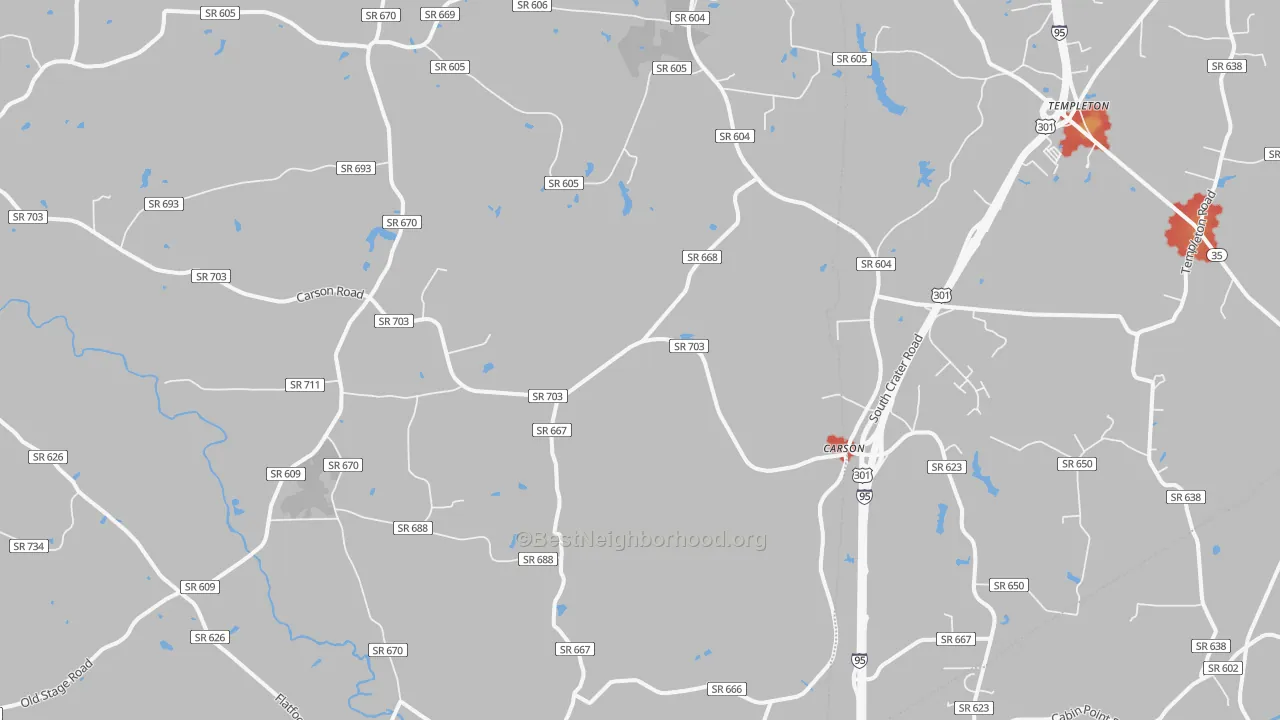 Walk Grade map of Rowanta, VA, walkable areas in green and car-dependent areas in red