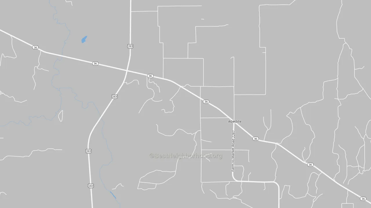 Walk Grade map of Rowden, TX, walkable areas in green and car-dependent areas in red
