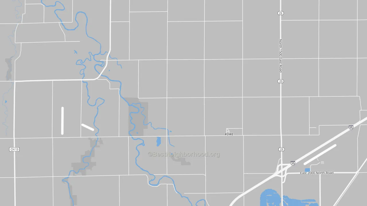 Walk Grade map of Rowe, IL, walkable areas in green and car-dependent areas in red