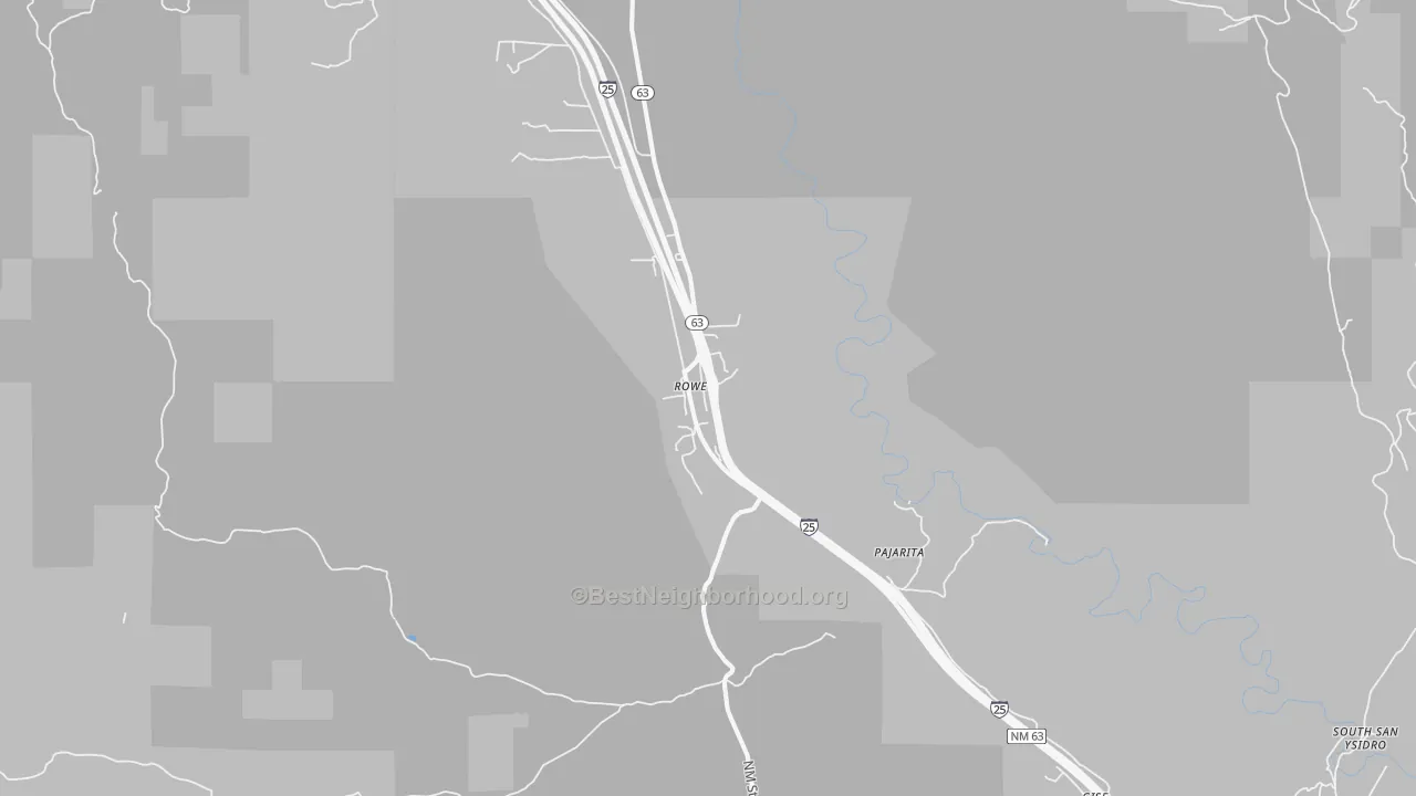Walk Grade map of Rowe, NM, walkable areas in green and car-dependent areas in red