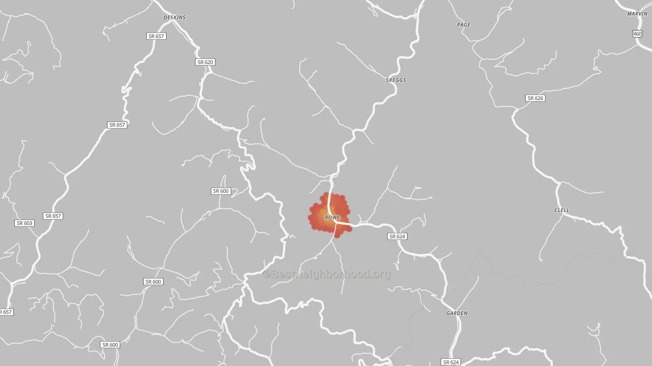 Walk Grade map of Rowe, VA, walkable areas in green and car-dependent areas in red