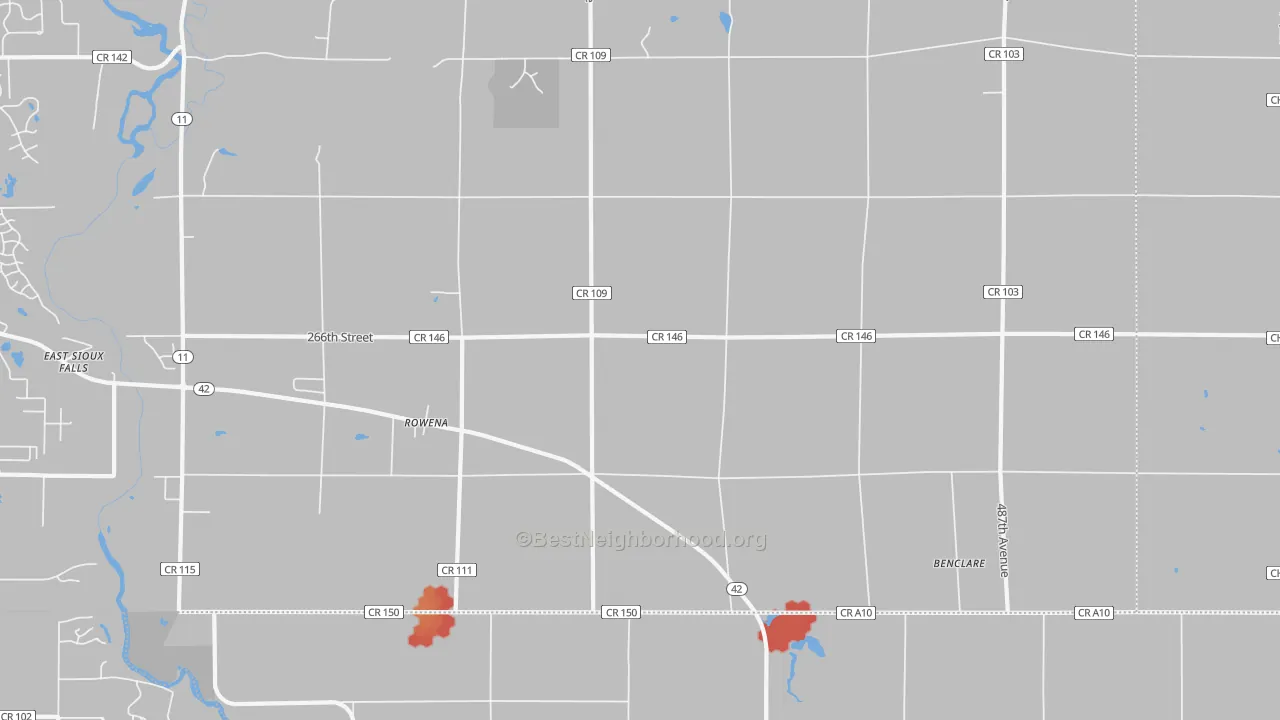 Walk Grade map of Rowena, SD, walkable areas in green and car-dependent areas in red