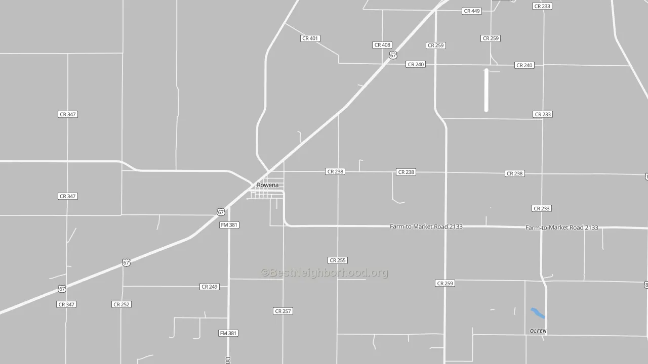 Walk Grade map of Rowena, TX, walkable areas in green and car-dependent areas in red