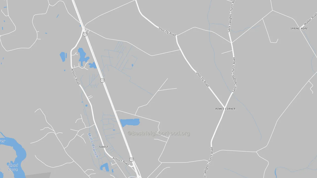 Walk Grade map of Rowes Corner, NC, walkable areas in green and car-dependent areas in red