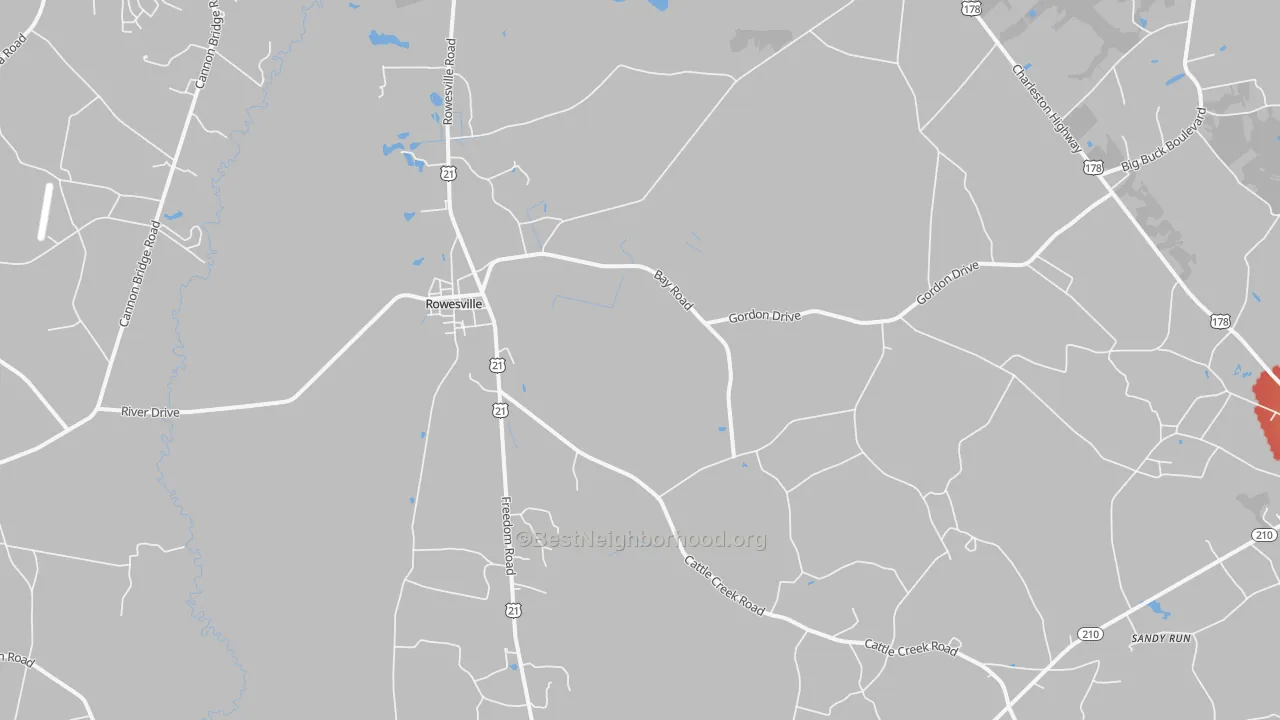 Walk Grade map of Rowesville, SC, walkable areas in green and car-dependent areas in red