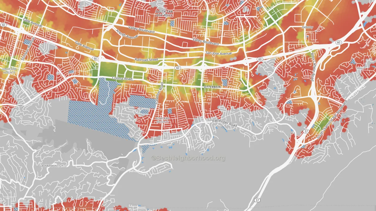 Walk Grade map of Rowland Heights, CA, walkable areas in green and car-dependent areas in red