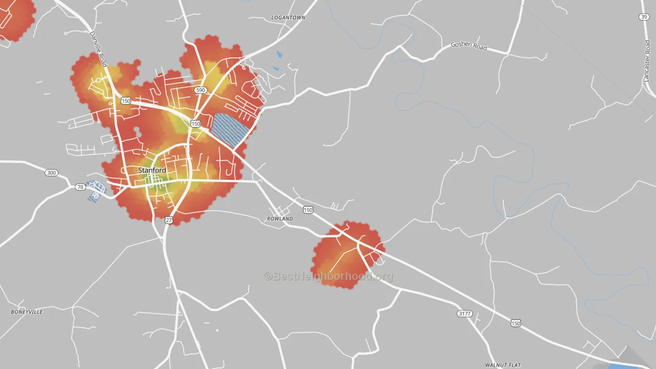 Walk Grade map of Rowland, KY, walkable areas in green and car-dependent areas in red