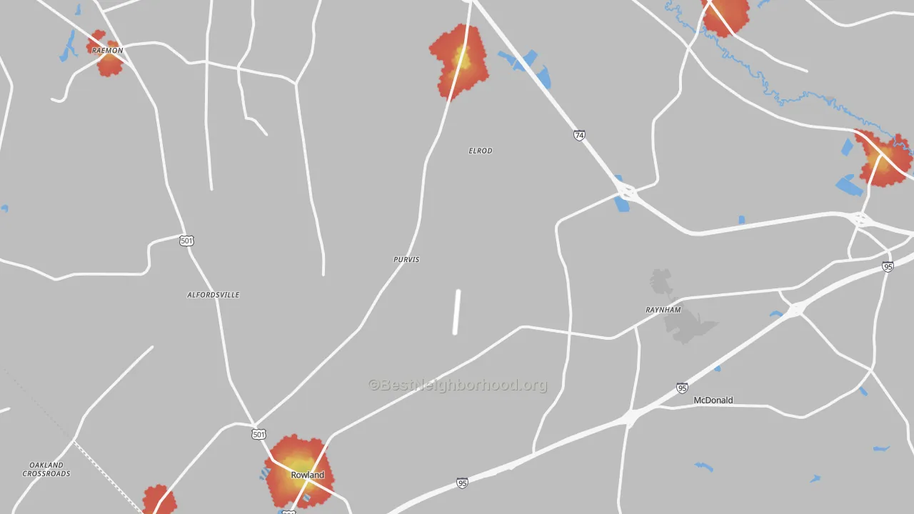 Walk Grade map of Rowland, NC, walkable areas in green and car-dependent areas in red