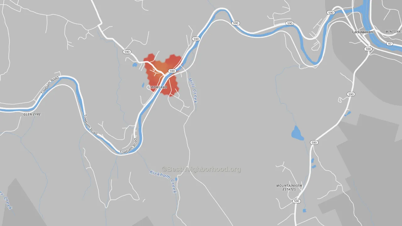 Walk Grade map of Rowland, PA, walkable areas in green and car-dependent areas in red