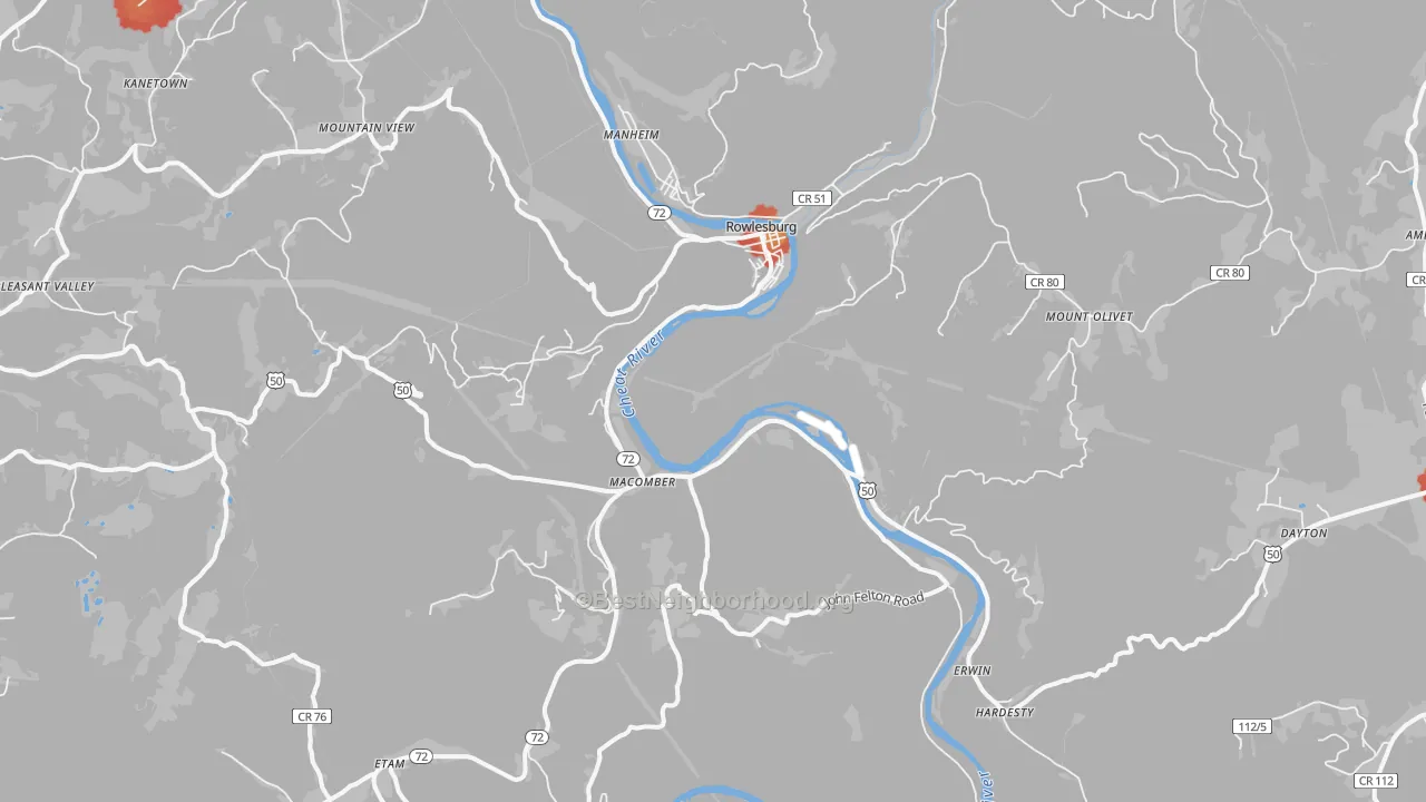 Walk Grade map of Rowlesburg, WV, walkable areas in green and car-dependent areas in red