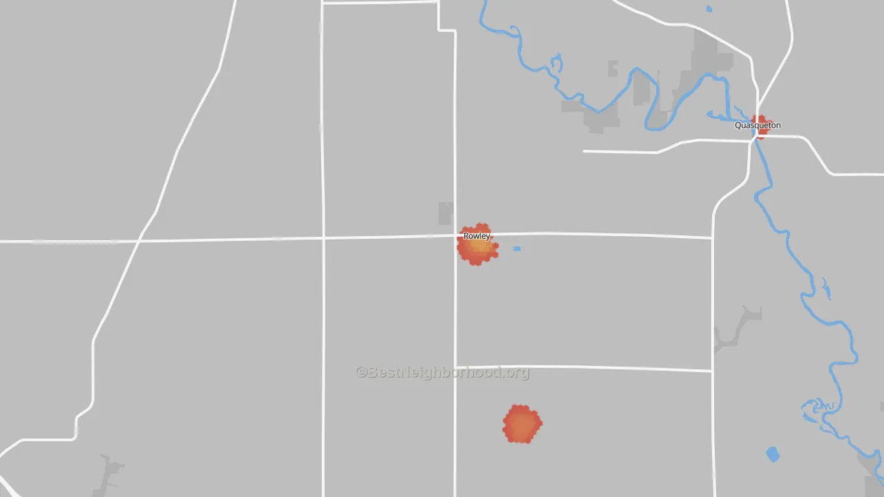 Walk Grade map of Rowley, IA, walkable areas in green and car-dependent areas in red