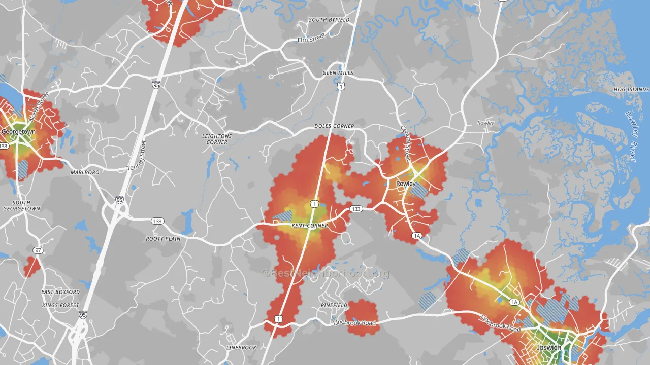 Walk Grade map of Rowley, MA, walkable areas in green and car-dependent areas in red