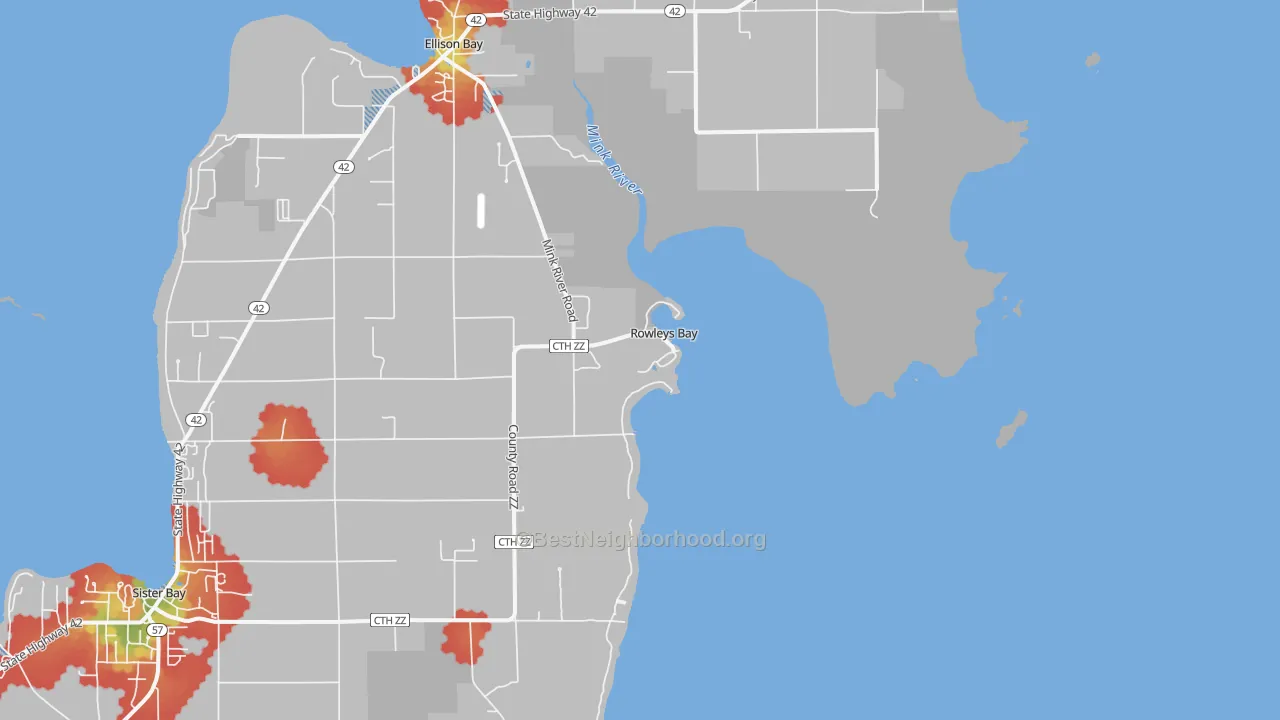 Walk Grade map of Rowleys Bay, WI, walkable areas in green and car-dependent areas in red