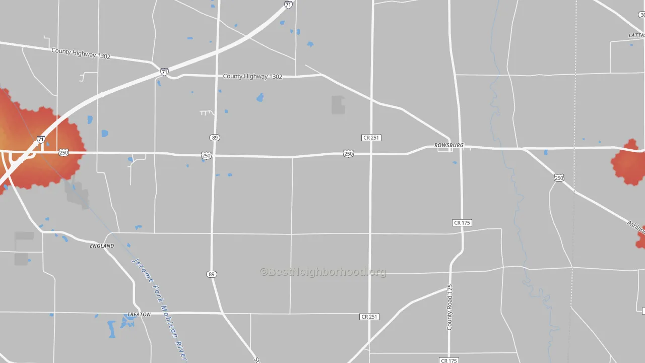 Walk Grade map of Rowsburg, OH, walkable areas in green and car-dependent areas in red