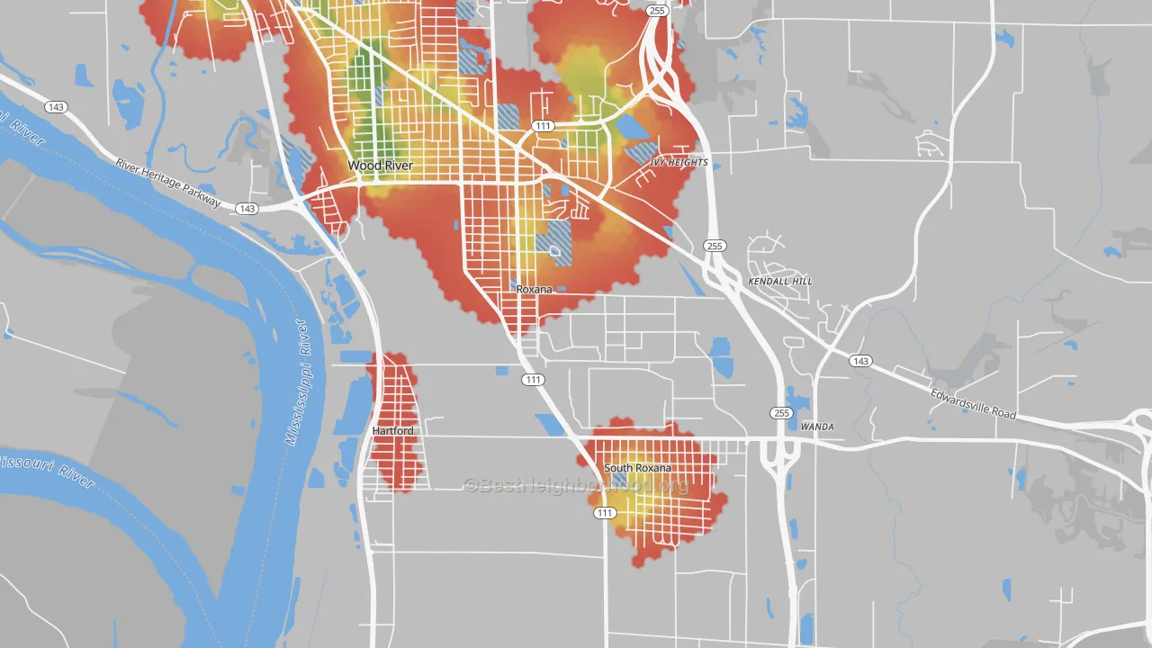 Walk Grade map of Roxana, IL, walkable areas in green and car-dependent areas in red