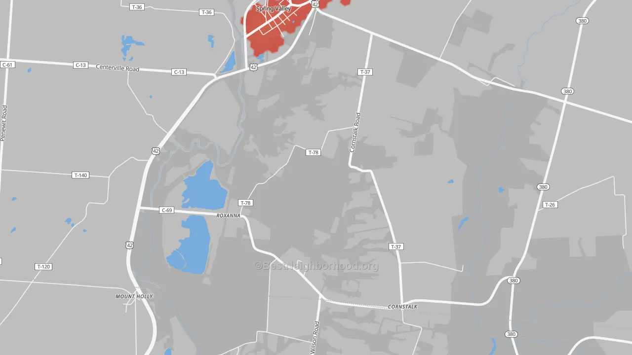 Walk Grade map of Roxanna, OH, walkable areas in green and car-dependent areas in red