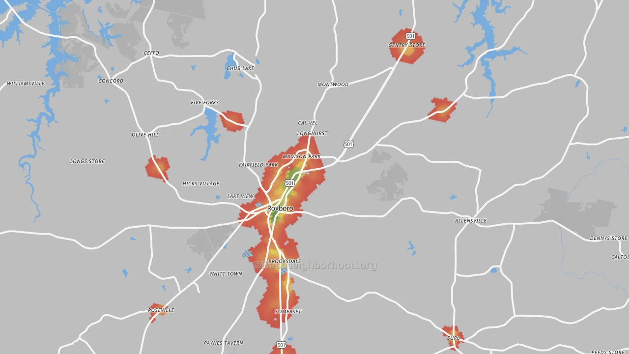 Walk Grade map of Roxboro, NC, walkable areas in green and car-dependent areas in red