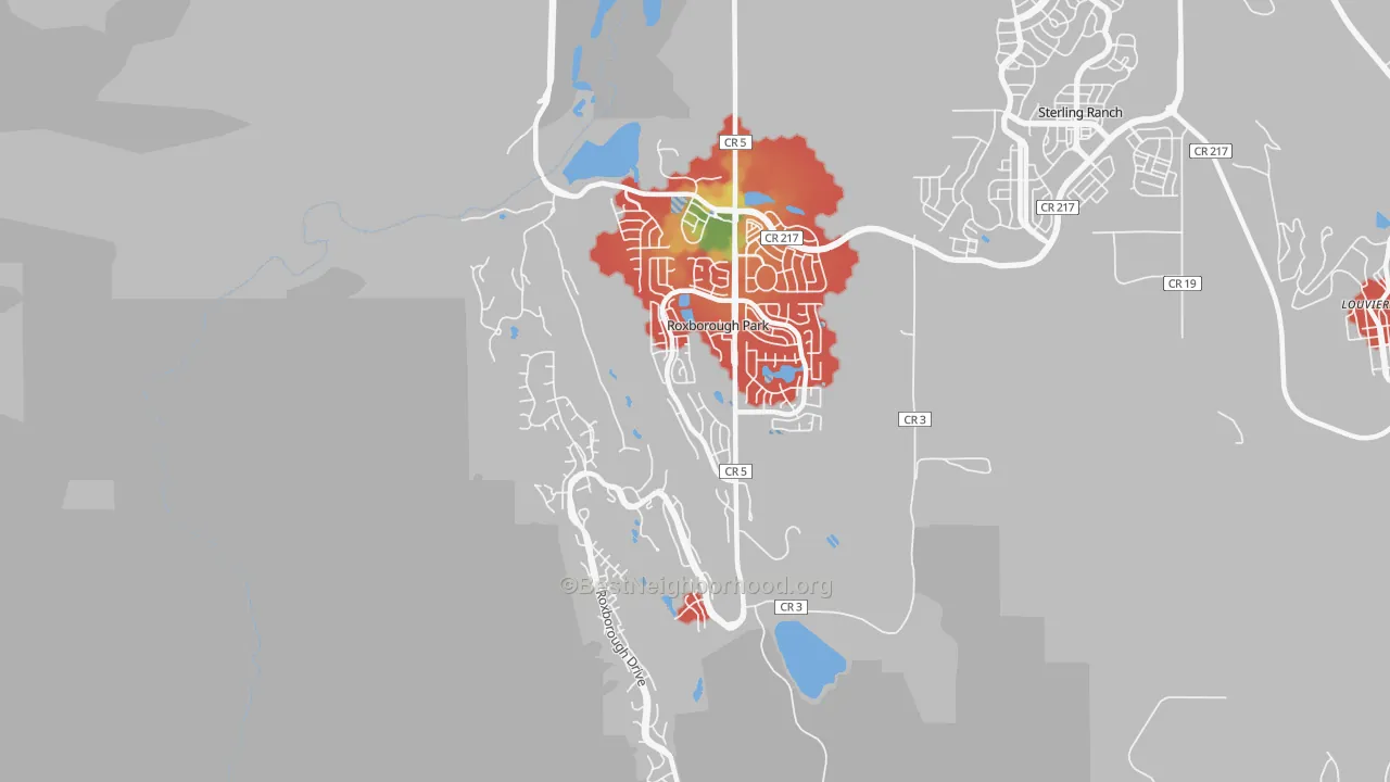 Walk Grade map of Roxborough Park, CO, walkable areas in green and car-dependent areas in red