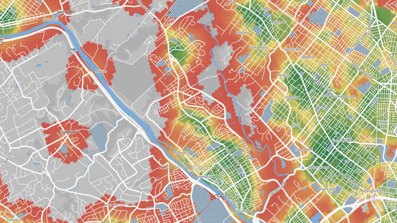 Walk Grade map of Roxborough, Philadelphia, PA, walkable areas in green and car-dependent areas in red