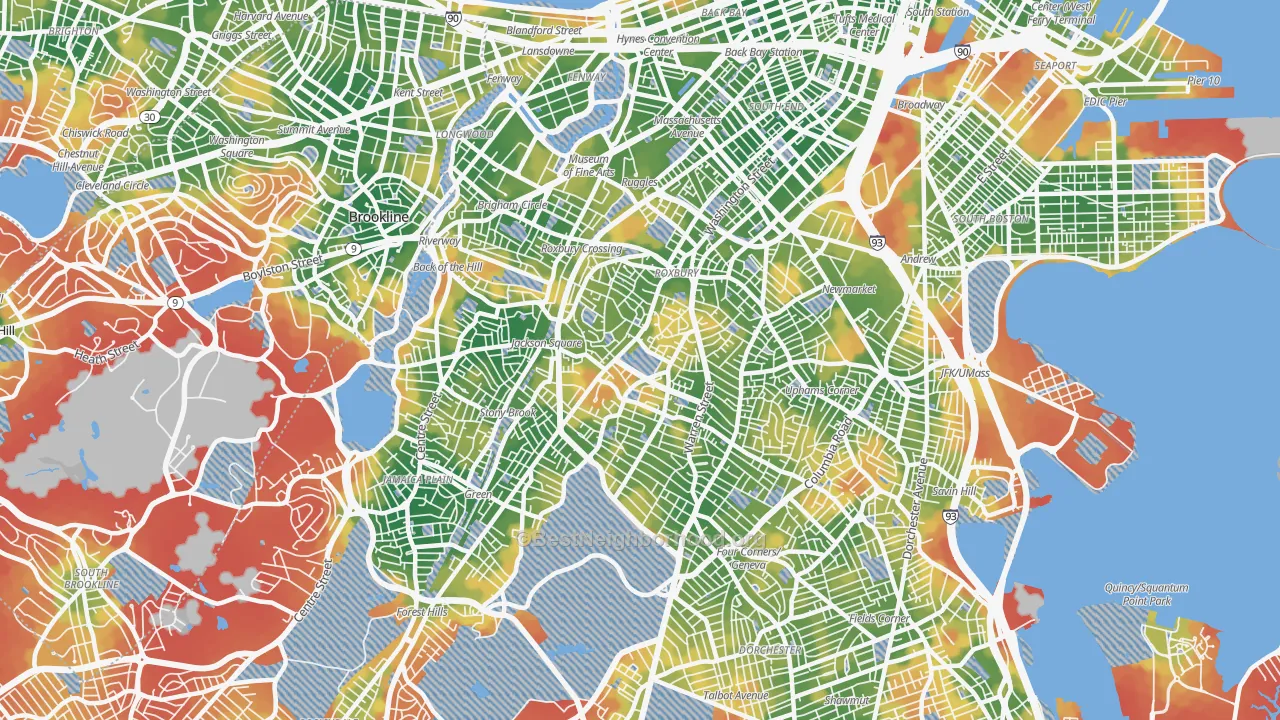 Walk Grade map of Roxbury, Boston, MA, walkable areas in green and car-dependent areas in red