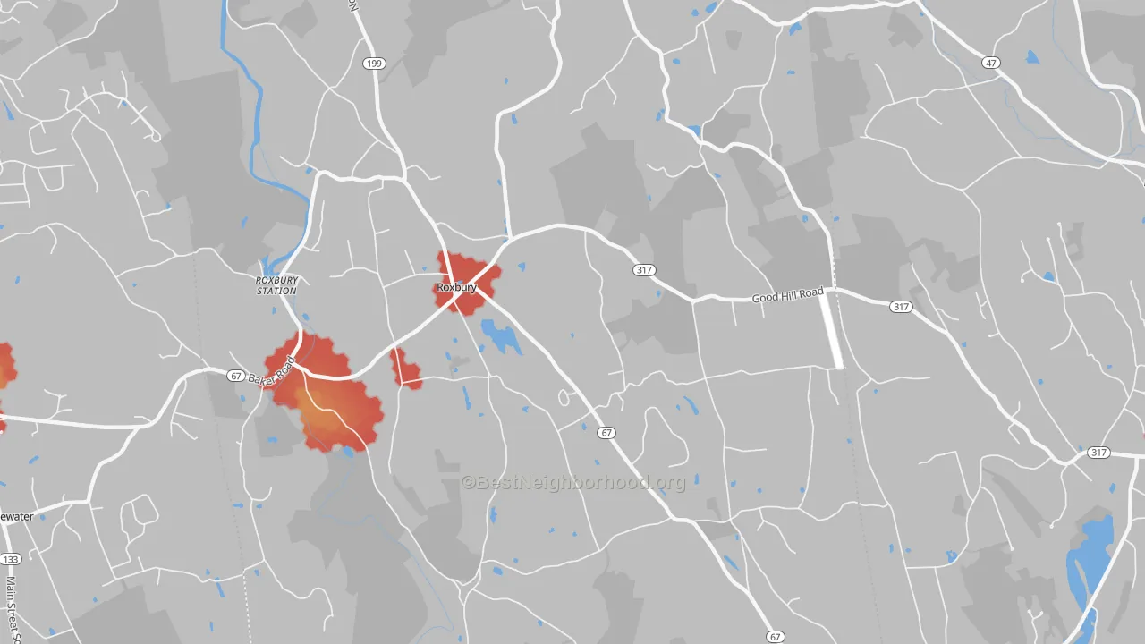 Walk Grade map of Roxbury, CT, walkable areas in green and car-dependent areas in red