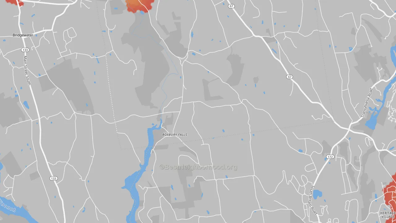 Walk Grade map of Roxbury Falls, CT, walkable areas in green and car-dependent areas in red