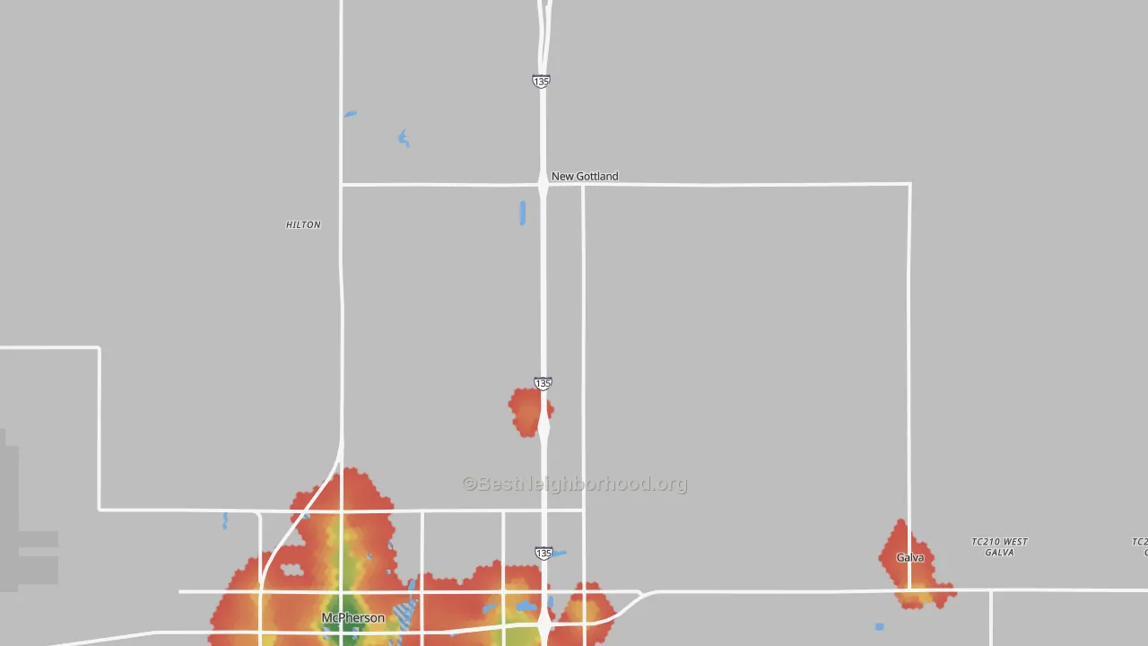 Walk Grade map of Roxbury, KS, walkable areas in green and car-dependent areas in red