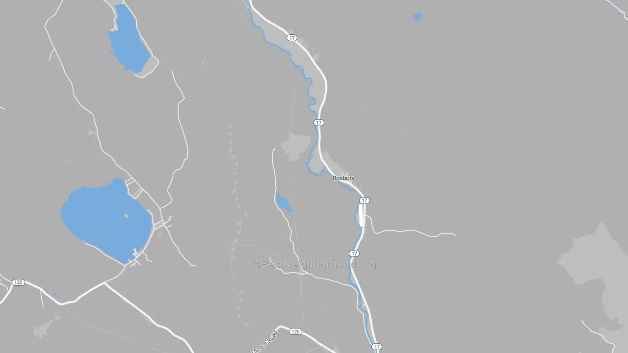 Walk Grade map of Roxbury, ME, walkable areas in green and car-dependent areas in red