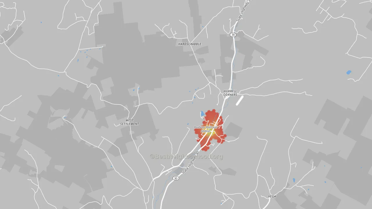 Walk Grade map of Roxbury, NY, walkable areas in green and car-dependent areas in red