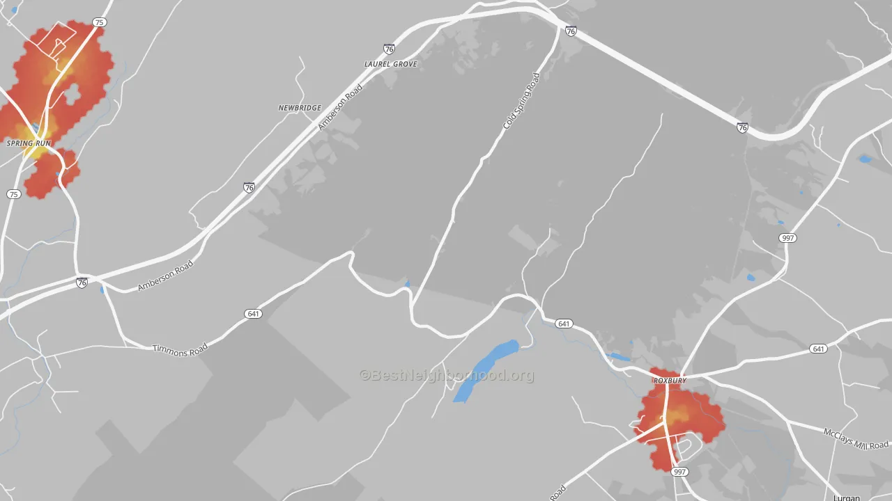 Walk Grade map of Roxbury, PA, walkable areas in green and car-dependent areas in red
